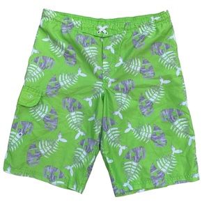 OP Lime Green Swim Board Shorts with Fish Bone Print Men XL